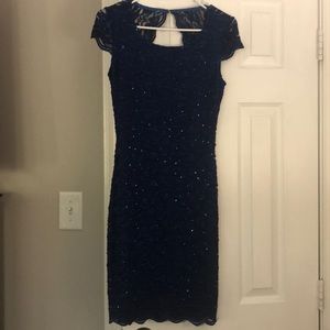 Royal/Navy Blue dress with lace overlay and keyhole back details
